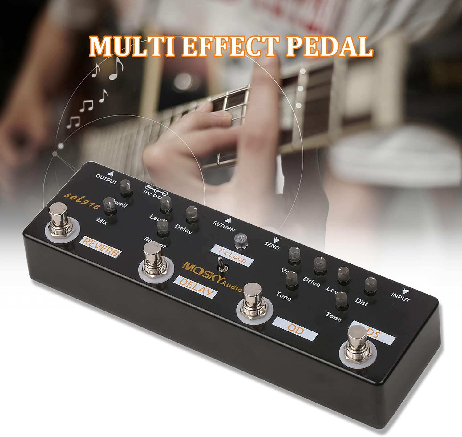 SOL918 5-in-1 Multi Effect Pedal Combined Effect Guitar Pedal True Bypass Multi-in-one Combined Effect Device Reverb Delay FX Loop Overdrive Distortion for Guitar Bass Electro-acoustic