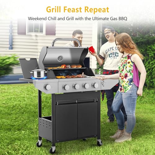 Large Propane Gas Grill with 4-Burners and Side Burner,Outdoor BBQ Grill Griddle with Porcelain-Enameled Cast Iron Grates, Stainless Steel Camping Barbecue Griddle for Patio,Garden,47000 BTU
