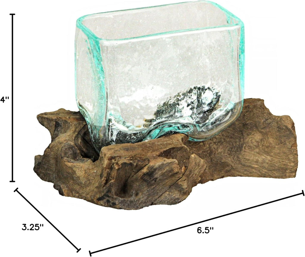 Rectangular Glass On Driftwood Decorative Bowl/Vase/Terrarium Succulent Planter Brown