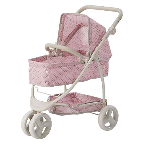 Olivia's Little World 2-in-1 Convertible Baby Doll Stroller with Retractable Canopy, All-Terrain Wheels, and Adjustable Handle, Cream and Pink with Gray Polka Dots