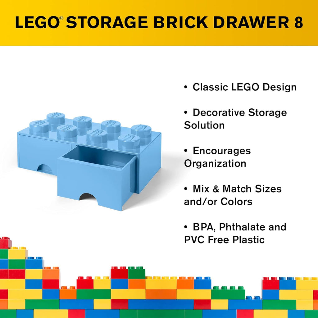 LEGO Brick Drawer, 8 Knobs, 2 Drawers, Stackable Storage Box, Light Royal Blue