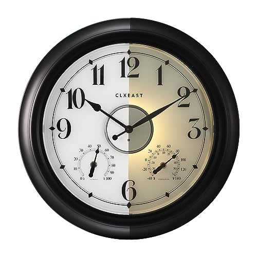 Illuminated Outdoor Clocks Waterproof 18 inch with Smart Sensor,Large Outdoor Clock with Thermometer & Hygrometer for Garden Patio Pool,Oil Rubbed Bronze Black,Unique Housewarming Gifts
