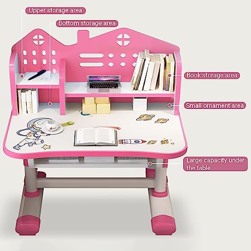 Kids Study Desk and Chair Set Children Desk, Height Adjustable Children's Desk and Chair School Study Table Chair with Drawer Shelf Desk for Bedroom Classroom with Cartoon Pattern (Pink)