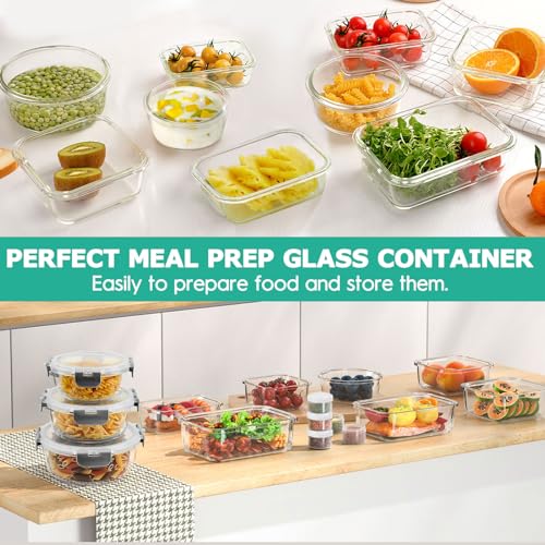34pcs Glass Food Storage Containers with Lids Set, Airtight Glass Meal Prep Containers (17 Containers & 17 Lids),Leak Proof Lunch Containers BPA-Free, Microwave, Oven, Freezer & Dishwasher,Black