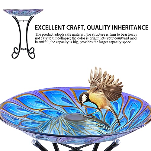 MUMTOP Outdoor Glass Bird Bath Solar Birdbaths with Metal Stand for Lawn Yard Garden Peacock Decor,18” Dia 21.65” Height