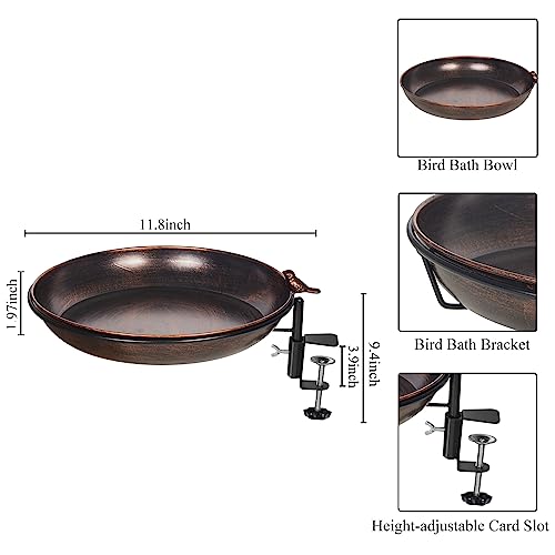 13 Inches Deck Bird Bath, Metal Bird Bath Bowl Unheated with Clamp Detachable, Bird Baths for Outdoors Railing Balcony Garden Decor