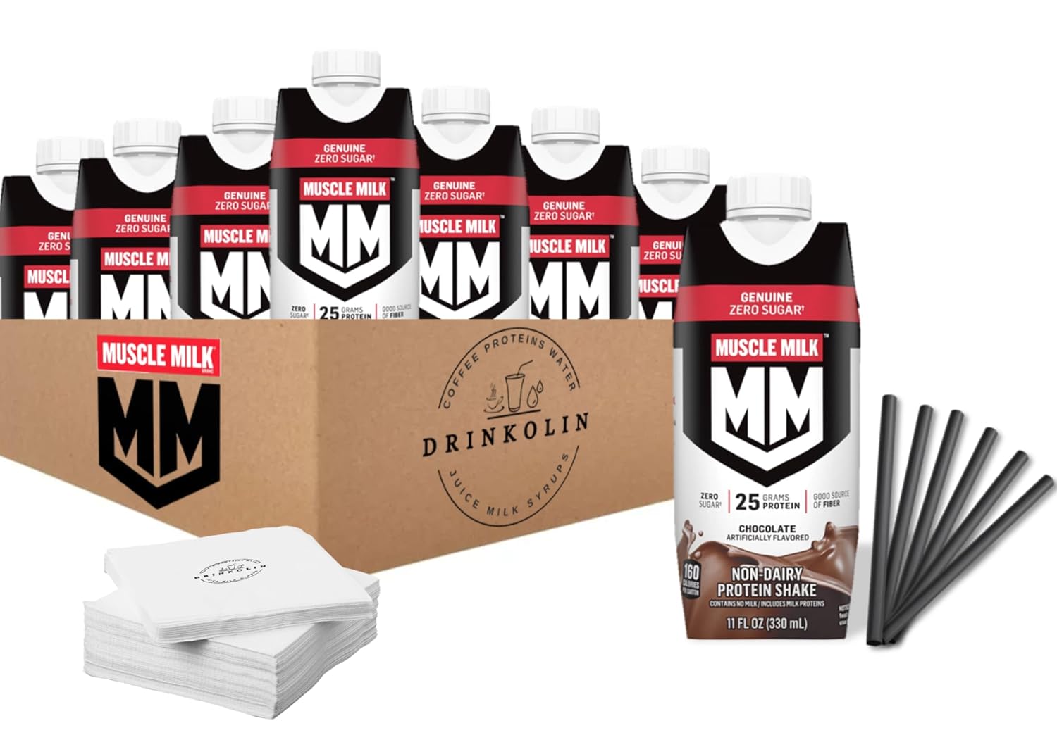 Muscle Milk Genuine Protein Shake, Chocolate, 25g Protein, Zero Sugar, Calcium, Vitamins A, C & D, 5g Fiber, Energizing Snack Genuine Protein Shake, Chocolate, 11 Fl Oz. 12 pack