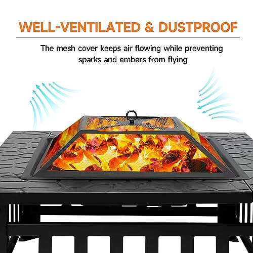 30" Fire Pit Table with Marble Tile Top, Fire Pit with Spark Screen Lid, Fire Grate, Waterproof Cover, and Fire Poker for Outside Patio, Yard Party, Garden