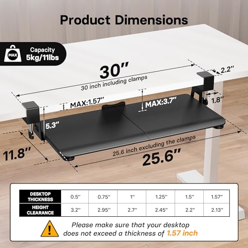 BONTEC Keyboard Tray Under Desk, Pull Out Keyboard & Mouse Tray with C-clamp, 25.6 Excluding Clamps (30 Including Clamps) x 11.8 Inch Steady Slide-Out Computer Drawer for Typing, Dark Black