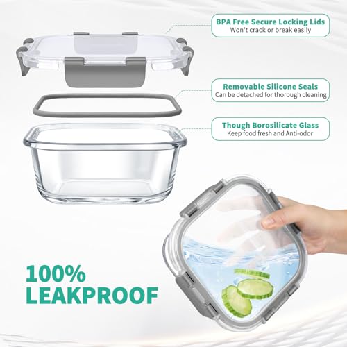 34pcs Glass Food Storage Containers with Lids Set, Airtight Glass Meal Prep Containers (17 Containers & 17 Lids),Leak Proof Lunch Containers BPA-Free, Microwave, Oven, Freezer & Dishwasher,Black