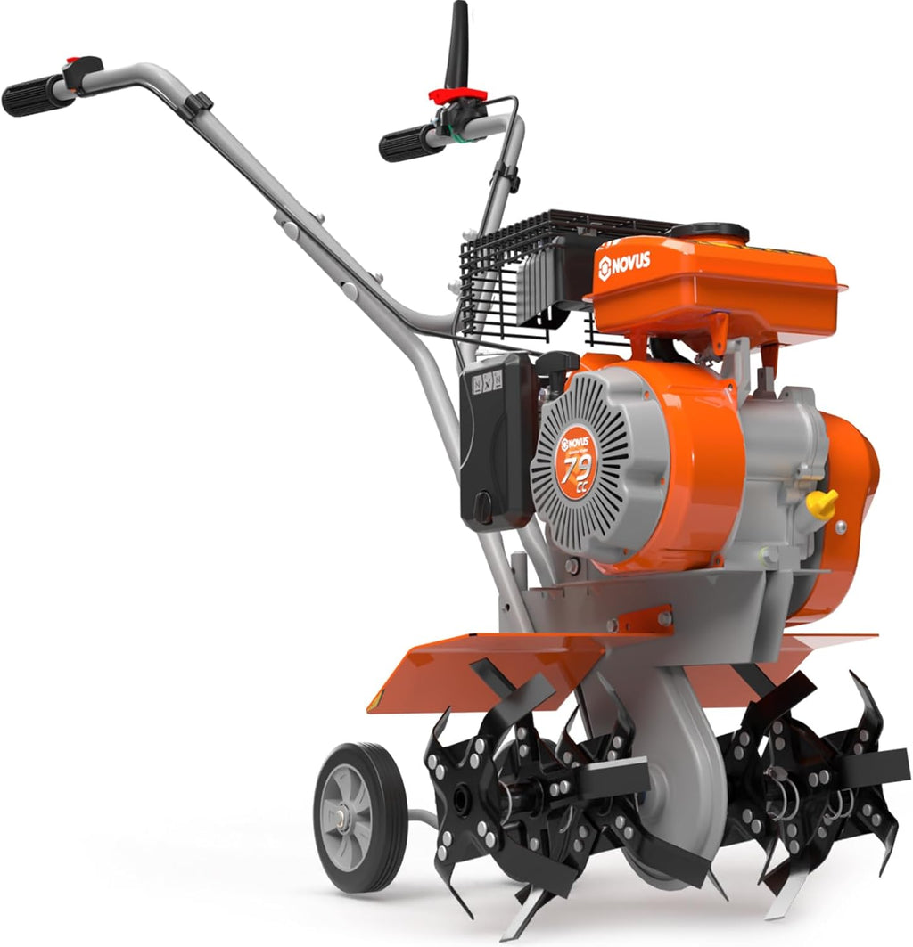 NOVUS 17-Inch Gas Tiller for Gardening, 2-in-1 Gas Powerd Front Tine Tiller Cultivator, 79 cc 4-Cycle Gas Engine, Toolless Tilling Width Adjustment, Forged Steel Tines, Integrated Transport Wheels