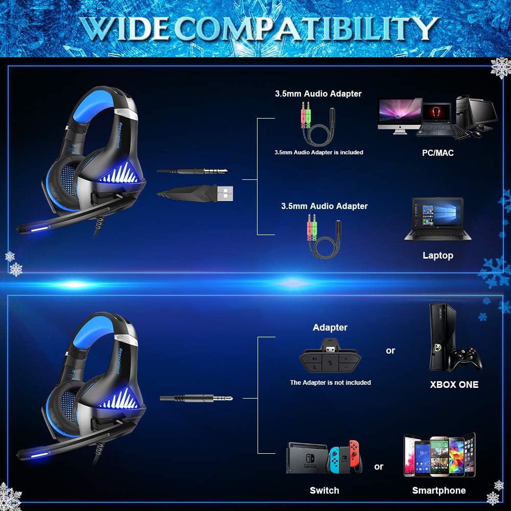 BENGOO GM-5 Stereo Gaming Headset for Xbox One, PS4, PC with Mouse, Noise Cancelling Over Ear Headphones with Mic, LED Light, Gaming Mouse Wired with 3200 DPI Adjustable and 6 Programmed Buttons
