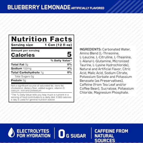 Optimum Nutrition Amino Energy Sparkling Hydration Drink, Electrolytes, Caffeine, Amino Acids, BCAAs, Sugar Free, Juicy Strawberry, 12 Fl Oz, 12 Pack (Packaging May Vary)