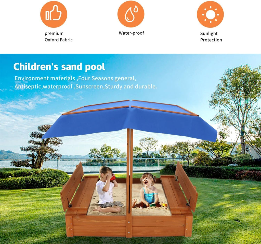 Wooden Cedar Sand Box, Large Kids Sand Boxes with Adjustable Canopy, 2 Foldable Bench Seats, Sand Protection, Bottom Liner, Sand Boxes for Backyard Garden, Sand Pit for Beach Patio Outdoor (47 Inch)