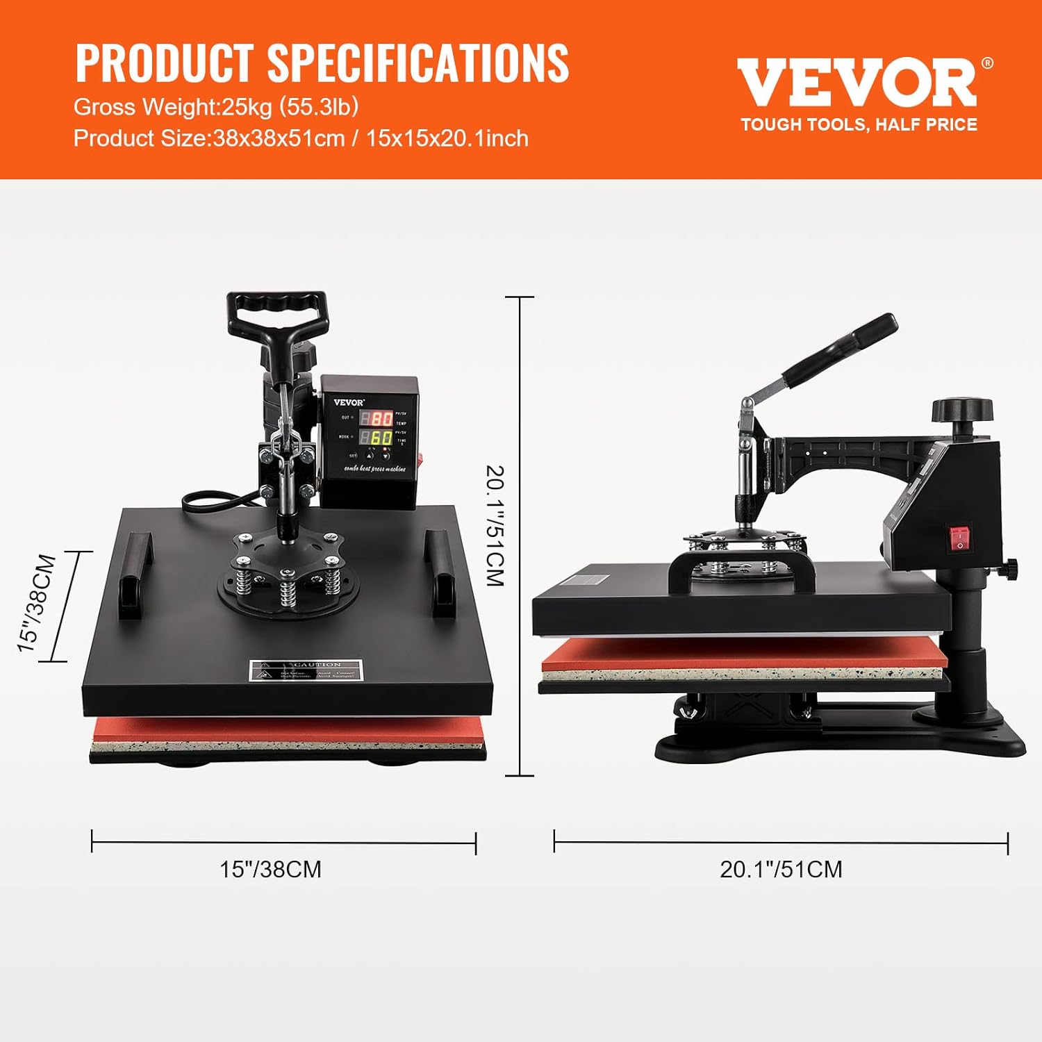 VEVOR Heat Press 15x15 Inch 8 in 1 Heat Press Machine, Swing Away Tshirt Press Machine Digital Control, Multifunctional Heat Transfer Machine Sublimation Combo for T-Shirt Hat Cap Mug Plate