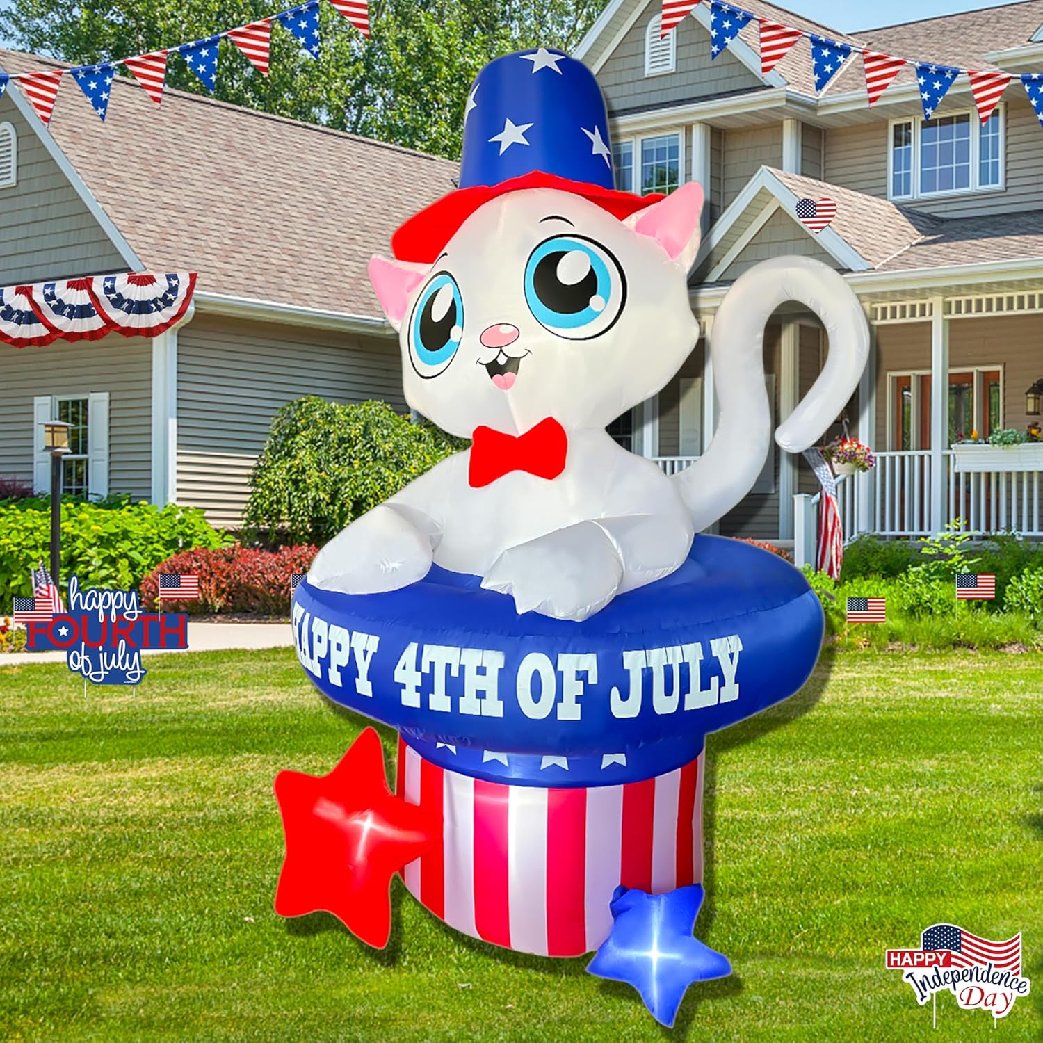 5 FT Patriotic Inflatable Cat 4th of July Inflatables Outdoor Decorations Build-in LED Lights Memorial Day Inflatables Fourth of July Decor for Party Garden Yard Lawn