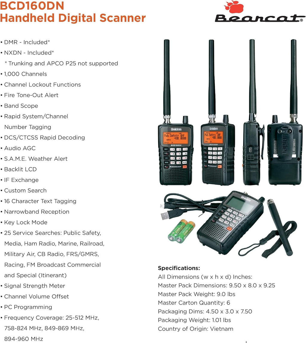 Uniden Bearcat BCD160DN Handheld Digital Scanner, Exclusive Features, Band Scope Rapid System/Channel Number Tagging, Narrow-Band Reception, and Search Features to Detect Signals Faster than Ever