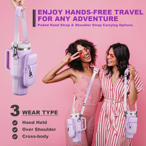 Water Bottle Carrier Bag with Phone Pocket for Stanley 40 & 30 oz Tumbler with Handle,Pink Insulated Neoprene Cup Holder Pouch w/Adjustable Strap for Quencher H2.0 Stanley Cup Accessories