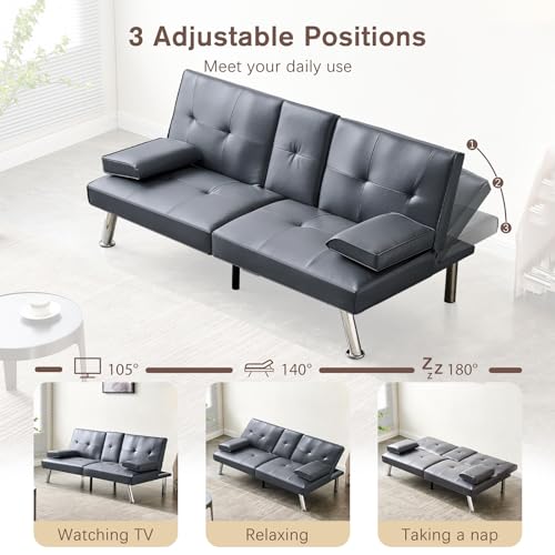 Faux Leather Convertible Folding Futon Sofa Bed with 2 Cup Holders, Sleeper Couch Bed with Removable Armrests, Metal Legs, Upholstered Loveseat for Living Room, Apartment, Dorm, Office (Orange)