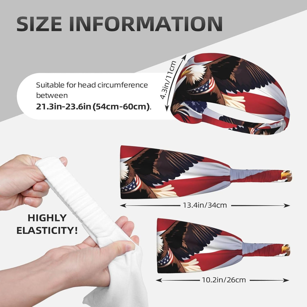 Elastic Exercise Headband for Men & Women Moisture Wicking Athletic for Running, Gym, Working Out USA Patriotic Eagle with American Flag Pattern