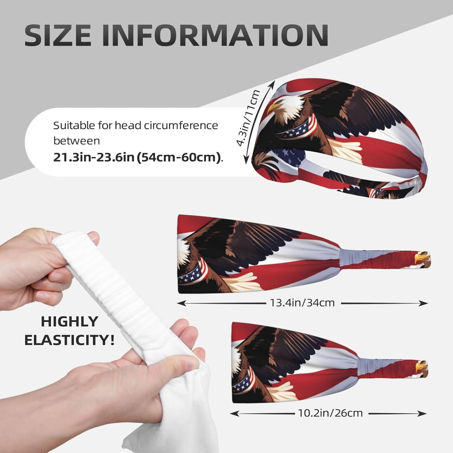 Elastic Exercise Headband for Men & Women Moisture Wicking Athletic for Running, Gym, Working Out USA Patriotic Eagle with American Flag Pattern