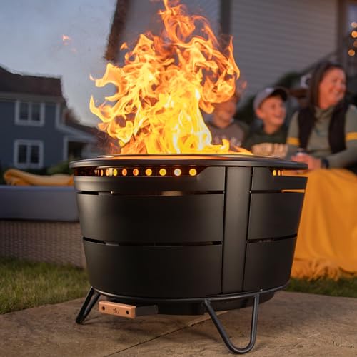 TIKI Brand Reunion Smokeless Fire Pit | Large Wood Burning Outdoor Fire Pit, Great for Large Gatherings - Includes Starter Pack, Modern Design with Removable Ash Pan, 27.5x27.5x20 in, Black