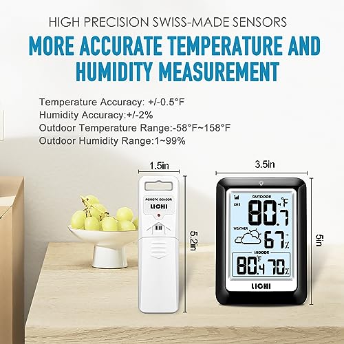 Indoor Outdoor Thermometer Wireless Weather Station, Internal External Thermometer Hygrometer, Home Batteryoperated Temperature Humiditymonitors330 Feet (About 100 Meters) Backlight Display