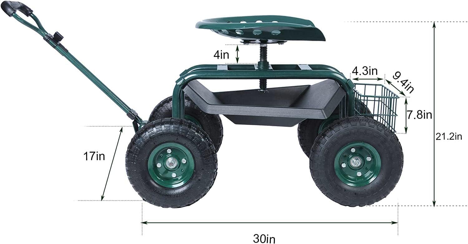 Steerable Garden Stool Cart with Tool Tray and Storage Basket on Wheels Rolling Work Seat Heavy Duty Scooter with Extendable Steer Handle Green