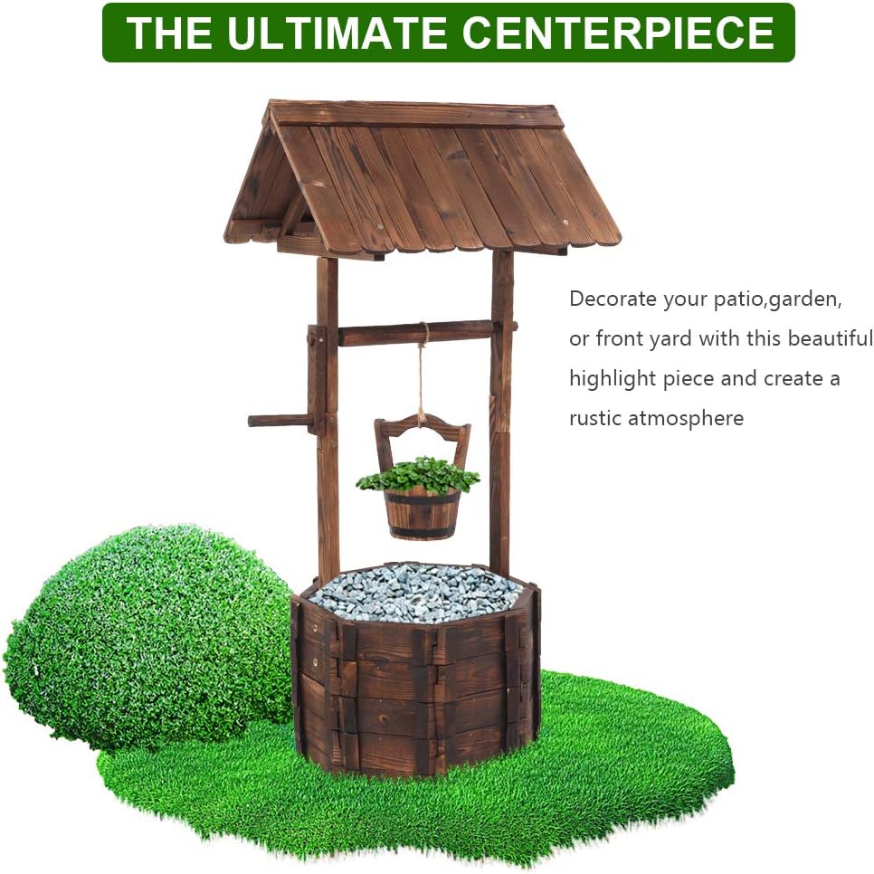 Wooden Wishing Well Planter, Outdoor Reinforced and Anticorrosive Wooden Wishing Well Flowerpot with Hanging Bucket