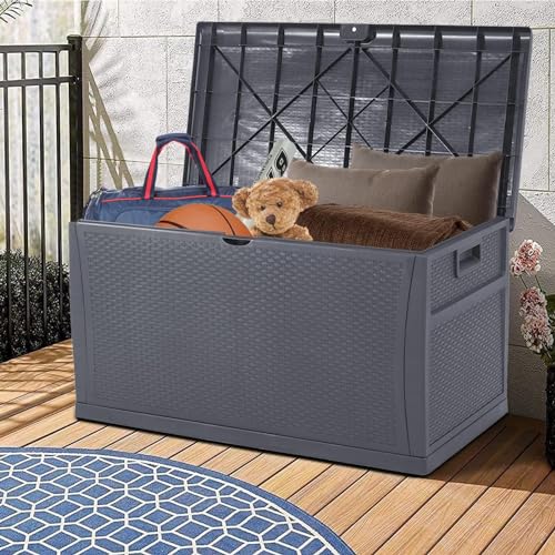 75 Gallon Outdoor Storage Deck Box Patio Sun-proof Woodgrain Patio Storage Box for Patio, Garden, Balcony,Grey