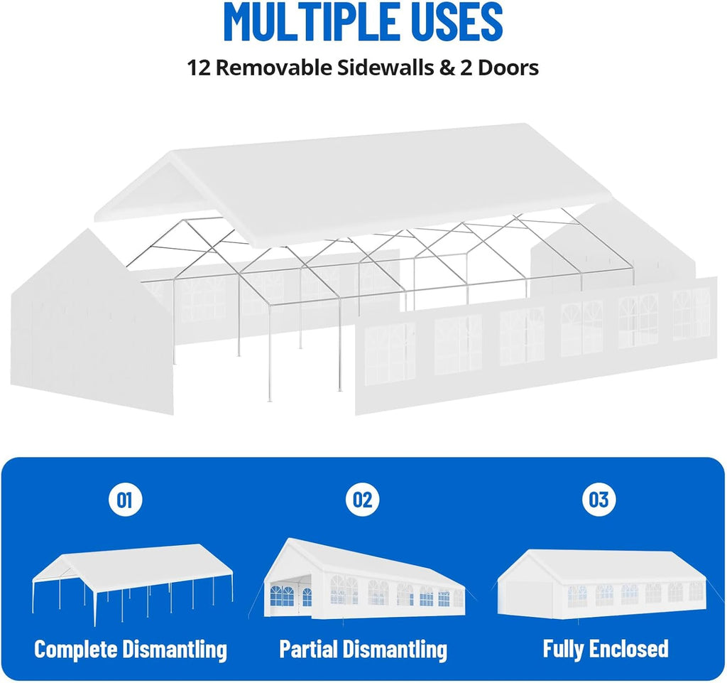20'x40' Party Tent Outdoor Heavy Duty Gazebo Wedding Tent White Canopy Carport Event Shelters with Removable Sidewall Windows for Patio Outdoor Garden Events