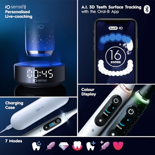 Oral-B iO Series 10 Rechargeable Electric Toothbrush with Visible Pressure Sensor to Protect Gums, 2 Min Timer, 7 Cleaning Settings, 4 Replacement Toothbrush Heads, and Charging Travel Case, Black