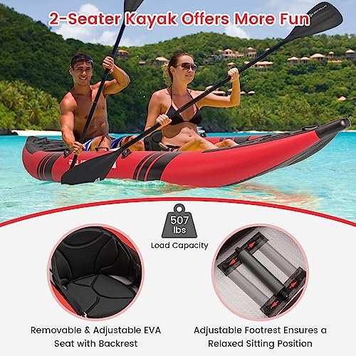 Goplus Inflatable Kayak, 2-person Kayak Set for Adults with 507 LBS Weight Capacity, 2 Aluminium Oars, EVA Padded Seat, 2 Fins, Hand Pump, Carry Bag, Repair Kit, Portable Touring Kayaks