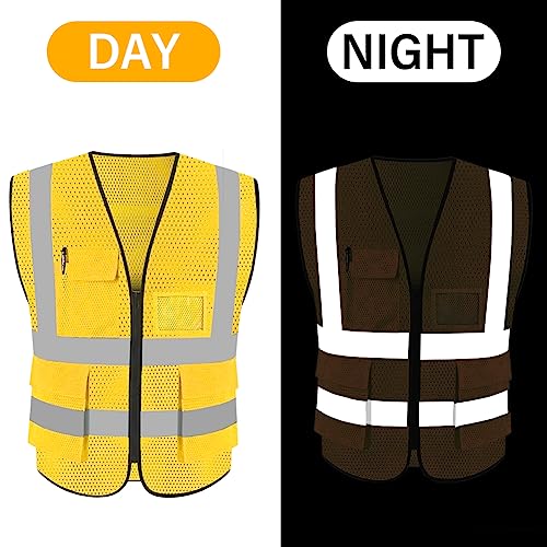 HYCOPROT High Visibility Mesh Safety Reflective Vest with Pockets and Zipper, Meets ANSI/ISEA Standards