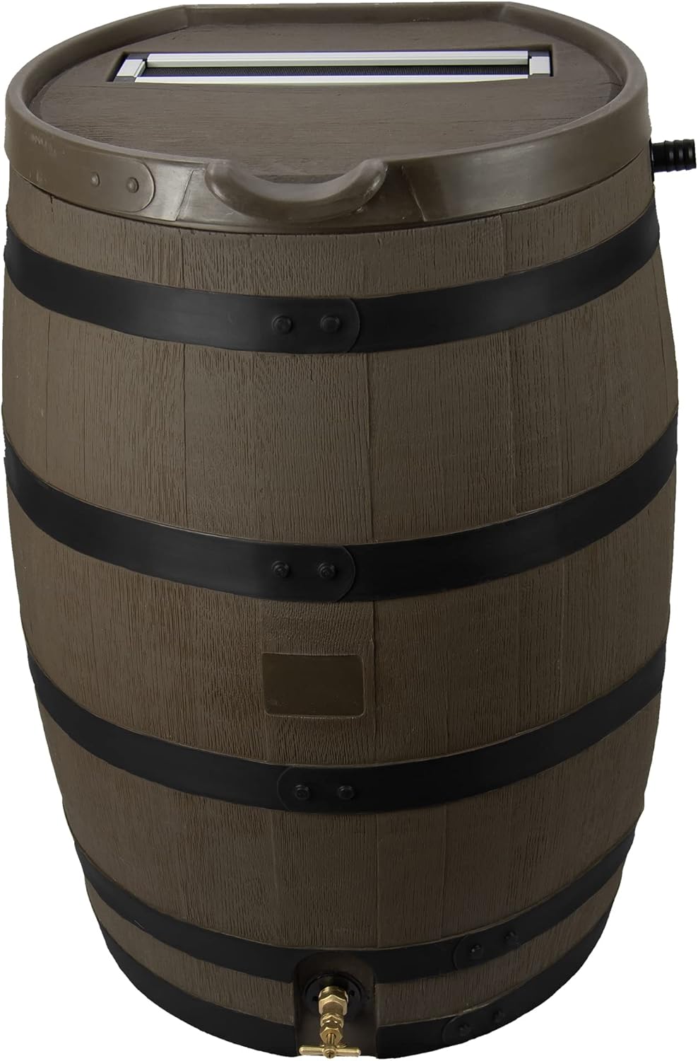 RTS Home Accents Polyethylene Premium Flat Back Rain Barrel with Removable Lid, 55 Gallon, Woodgrain with Black Stripes