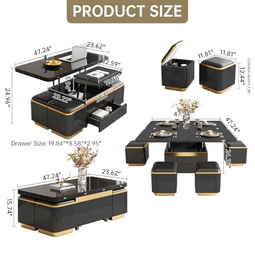 3-in-1 Multi-Functional Coffee Table with Glass Tabletop, Lift Top Center Table with 4 Storage Stools, Expandable Dining Table for Living Room, Office Table with Hidden Storage Compartment