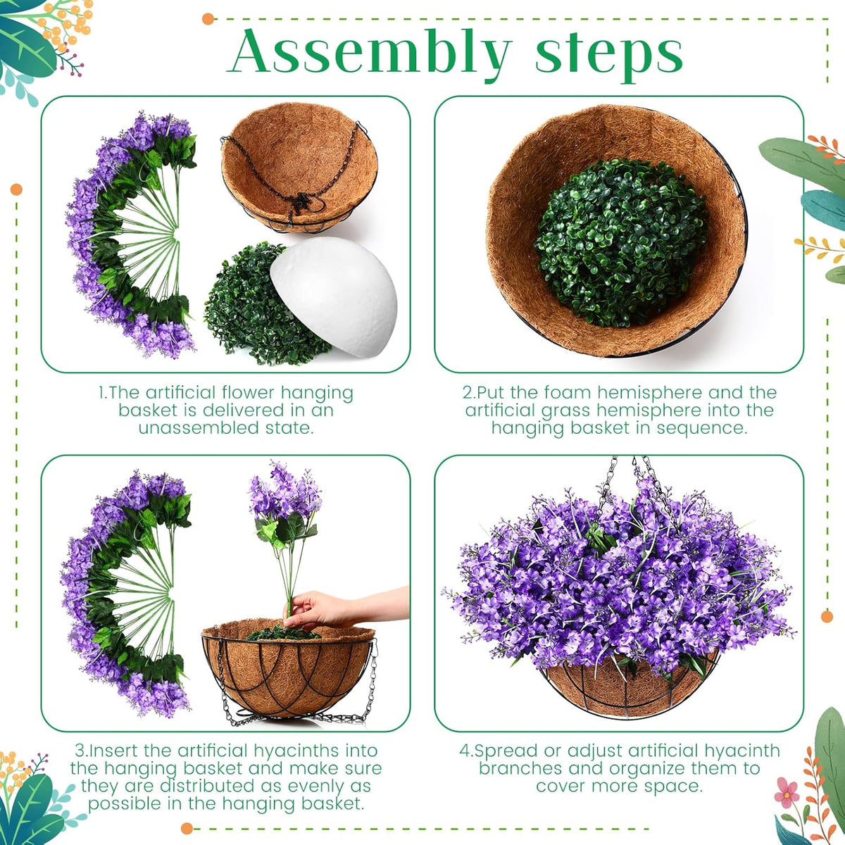 2 Pack Artificial Hanging Flowers in Basket for Spring Summer Porch Home Garden Yard Decoration Faux Hyacinth Arrangement Fake Plants in 12 Inch Coconut Lining Basket for Outdoors Indoors Decor