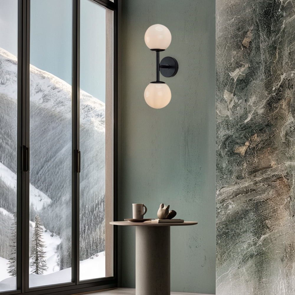 Modern Milk Glass Shade Double Sconce, Contemporary Bathroom Wall Sconce, Vanity Sconce Light, Wall Light over Mirror(Black)