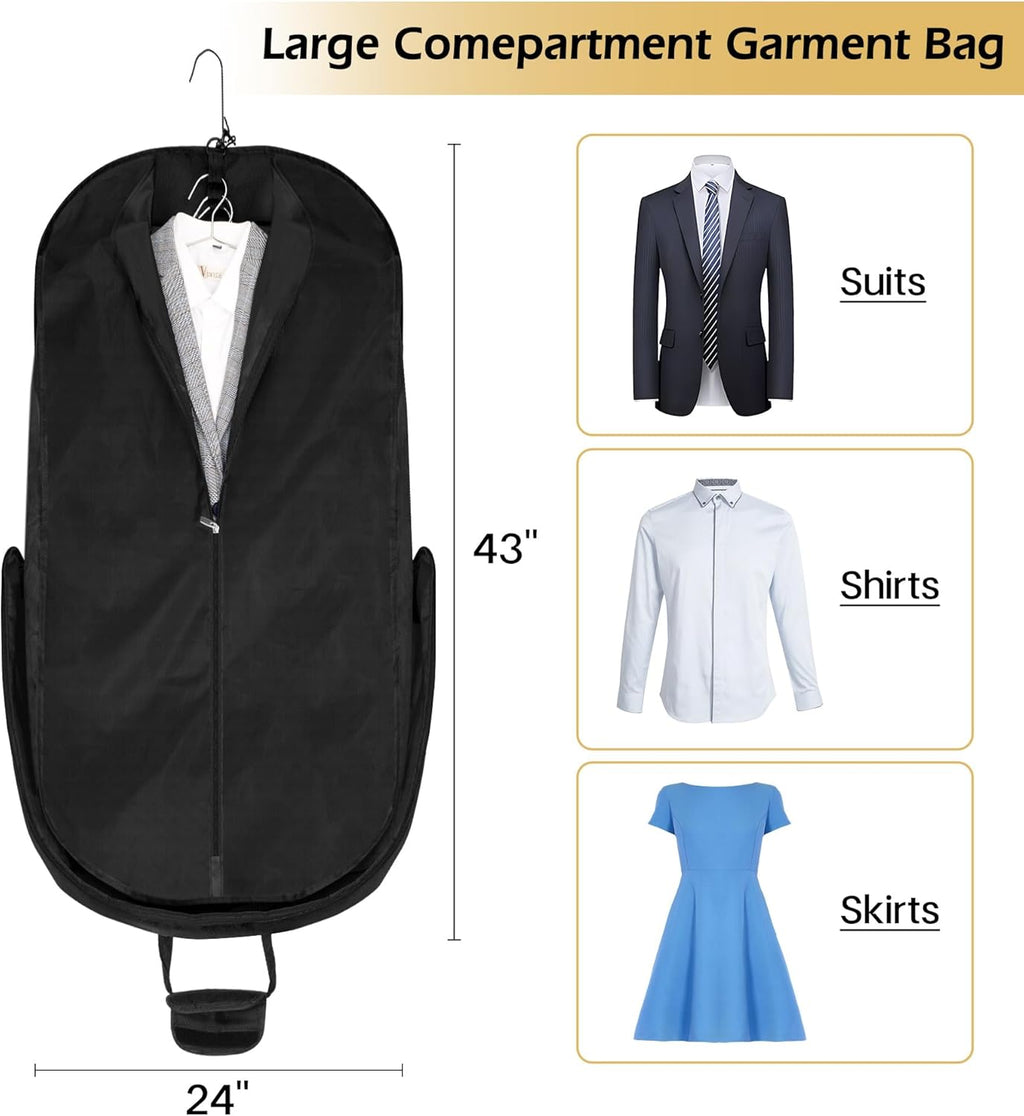 SLEEPING LAMB Carry On Garment Bag for Travel, 43’’ Heavy Duty Suit Bag for Men Travel with Metal Hook, Waterproof Convertible 2 in 1 Garment Duffle Bag for Hanging Clothes in Business Trip, Black