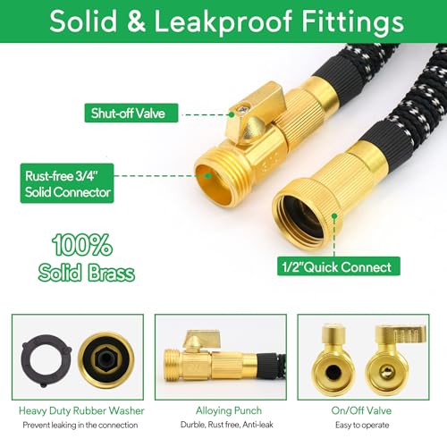 Expandable Garden Hose 100 ft, Upgraded Flexible Water Hose 100ft with 10 Function Spray Nozzle, 3/4" Leakpoof Solid Brass Fittings, Expanding Double Latex Core, Lightweight, No Kink, No Tangle