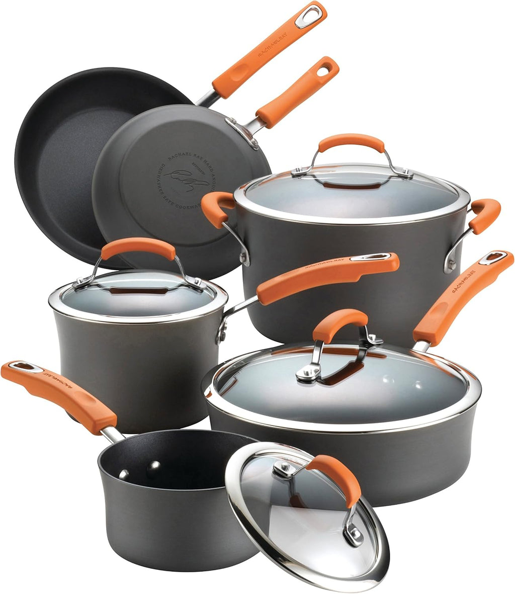 Rachael Ray Brights Hard-Anodized Aluminum Nonstick Cookware Set with Glass Lids, 10-Piece Pot and Pan Set, Gray with Orange Handles and 14-Inch Frying Pan