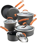 Rachael Ray Brights Hard-Anodized Aluminum Nonstick Cookware Set with Glass Lids, 10-Piece Pot and Pan Set, Gray with Orange Handles and 14-Inch Frying Pan