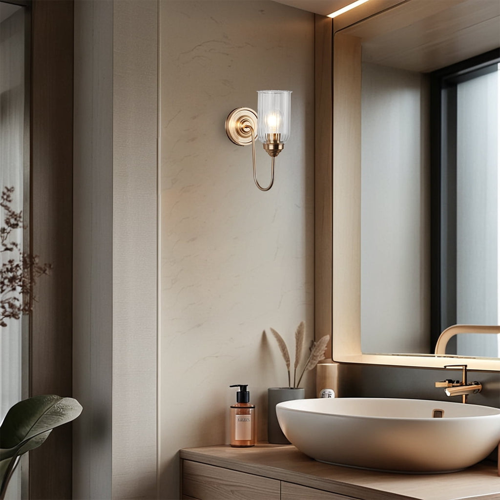 Mid Century Bathroom Vanity Wall Light Fixtures, Brass Wall Lamp with Glass Shade for Bedroom Mirror Living Room Kitchen