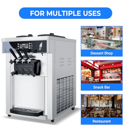 Commercial Ice Cream Maker, 1800W 3 Flavors Soft Serve Ice Cream Machine, 25L/H Yield 5.3 to 7.4Gallon per Hour PreCooling at Night Auto Clean LCD Panel for Restaurants Snack Bar, Sliver