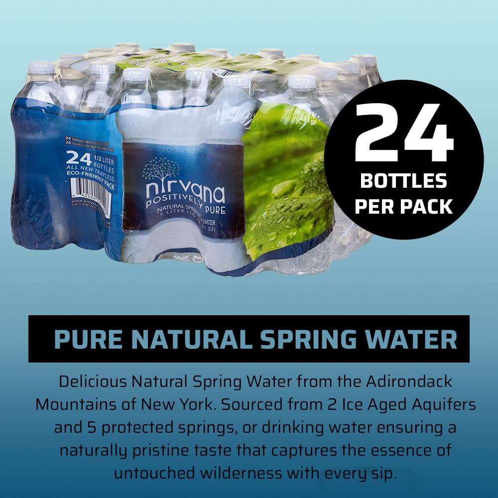 Nirvana Natural Spring Water - Fresh Bottling, High in Calcium, Bromate-Free, BPA-Free Bottles Water - Best Water Natural Sourced from Adirondack Mountains - (16.9 fl oz - 24 Bottles)