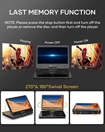 WONNIE 16.9" Portable Blu ray DVD Player with 14.1" 1080P HD Swivel Screen, 4-Hour Rechargeable Battery, Supports HDMI Output, Surround Audio, Last Memory, USB/SD Card, AV in
