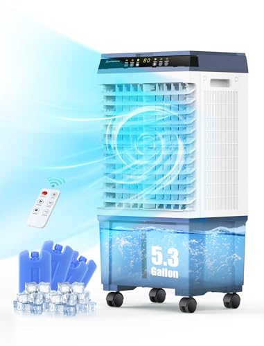 Air Choice Swamp Cooler, 1800 CFM Evaporative Air Cooler with 5.3 Gal Water Tank, 110° Swing, 3 Speeds, 4 Ice Box, Remote, 12H Timer, Portable Air Cooling Fan for Outdoor & Indoor, White & Dark Gray