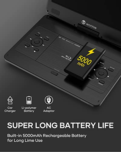 WONNIE 16.9" Portable Blu ray DVD Player with 14.1" 1080P HD Swivel Screen, 4-Hour Rechargeable Battery, Supports HDMI Output, Surround Audio, Last Memory, USB/SD Card, AV in