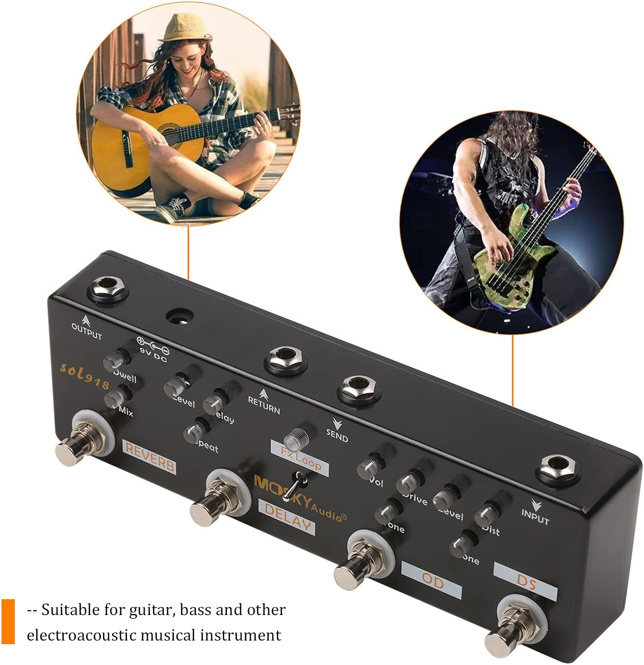 SOL918 5-in-1 Multi Effect Pedal Combined Effect Guitar Pedal True Bypass Multi-in-one Combined Effect Device Reverb Delay FX Loop Overdrive Distortion for Guitar Bass Electro-acoustic