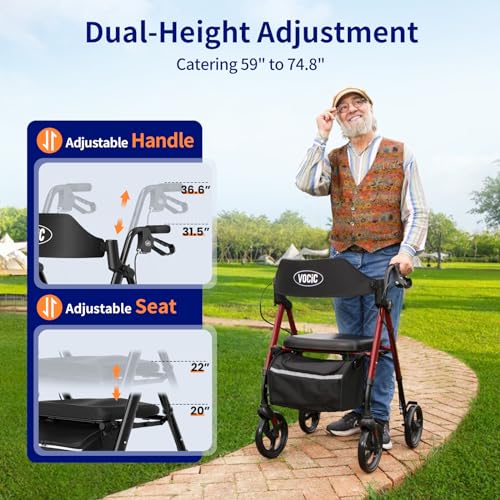 Walkers for Seniors,Foldable Walker with Seat,Rollator Walker with Durable Aluminum,8" Big Wheels for All Terrain, Ergonomic Seat and Backrest,Dual Adjustable Height Rolling Walker| Inky Black